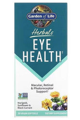 Garden of Life Herbals Eye Health supplement box featuring 30 vegan softgels for eye health support.